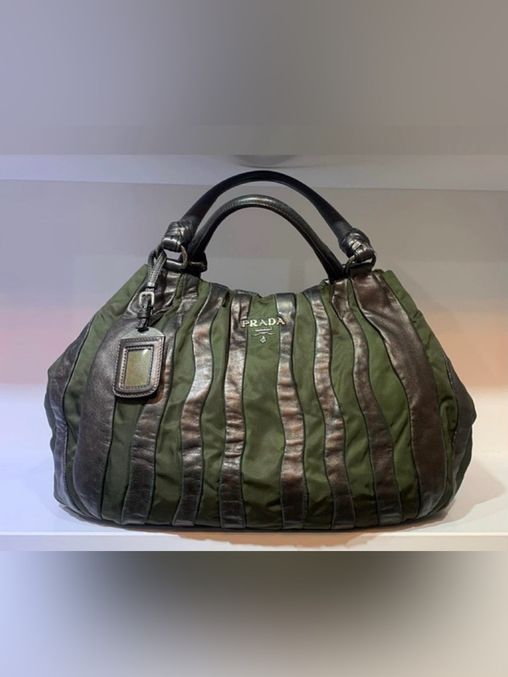 Prada Olive Green Tote with Brown Leather Straps